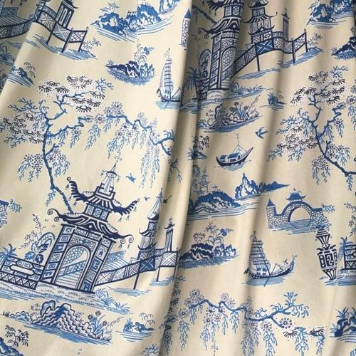 现代美式中式风景建筑图案棉麻高精密纺织定做落地飘窗定制窗帘布